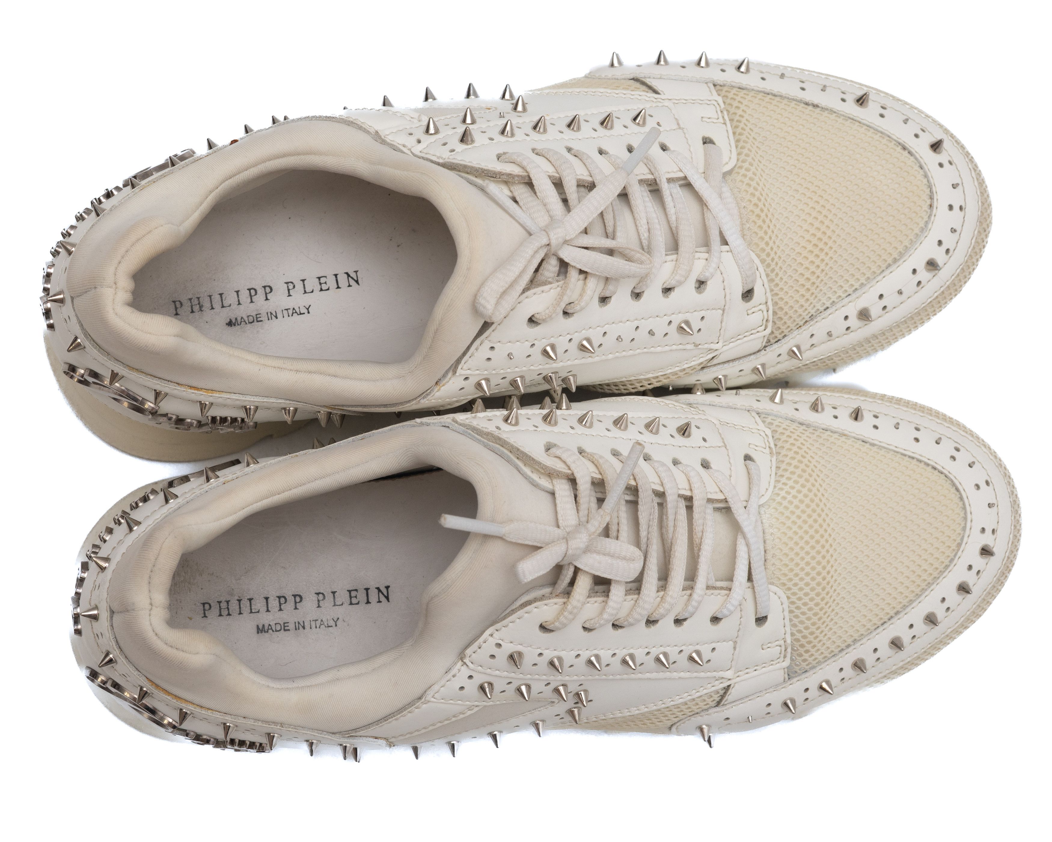 Philipp Plein PHILIPP PLEIN White Leather / Mesh Spiked Sneakers Size US 7 / EU 40 - 8 Thumbnail