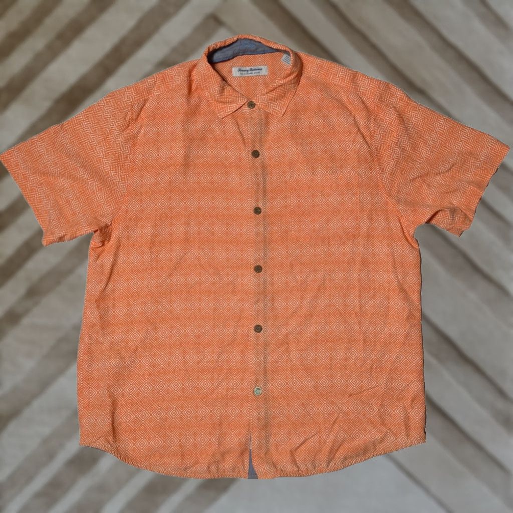 Tommy Bahama Tommy Bahama The Coconut Point Shirt Orange Geo Tencel Blend - Men Large Shirt Mens Orange Geometric Short Sleeve Button-Up Size US L / EU 52-54 / 3 - 1 Thumbnail