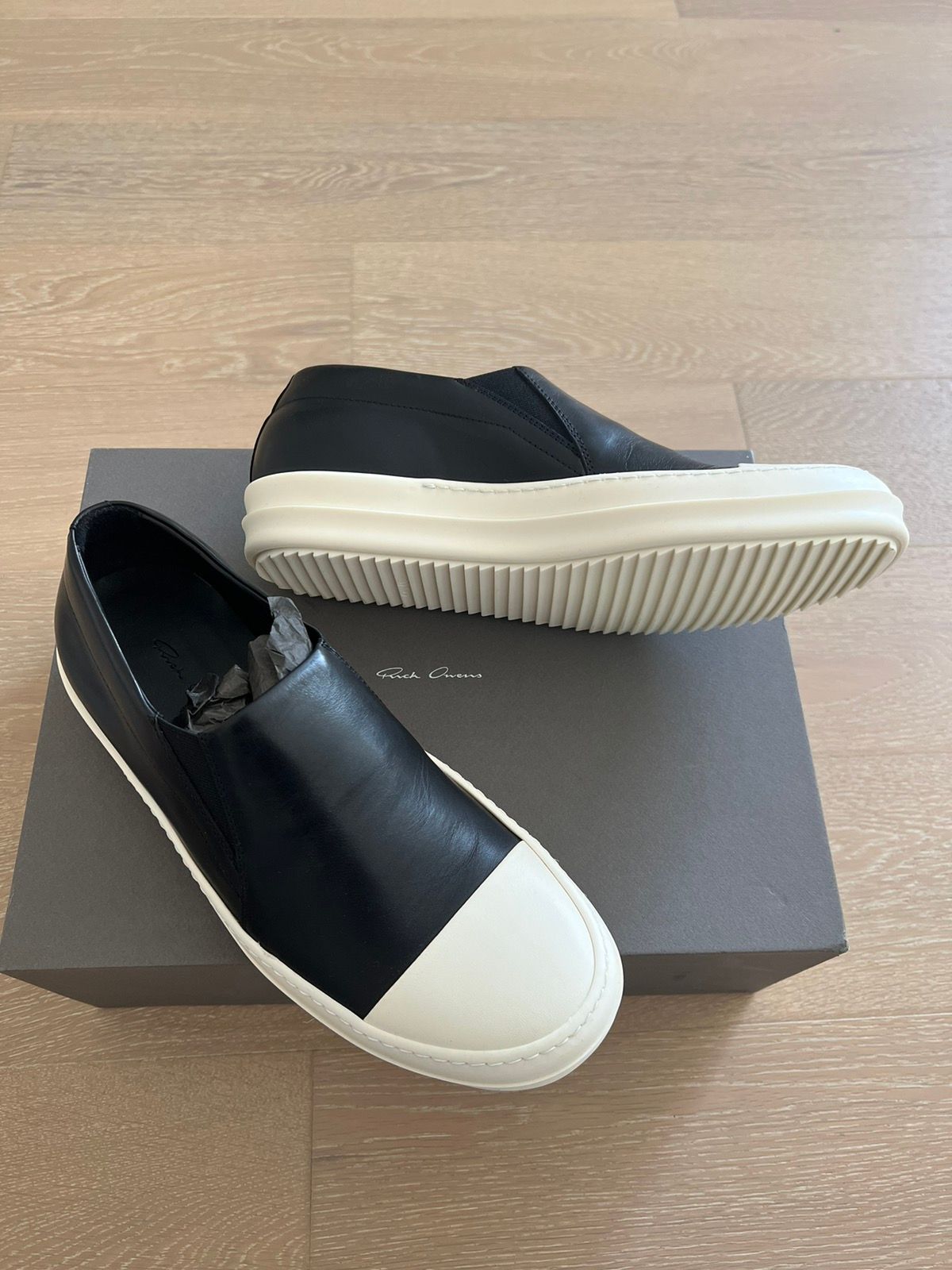 Pre-owned Rick Owens Slip On Boat Sneakers Leather Shoes In Black