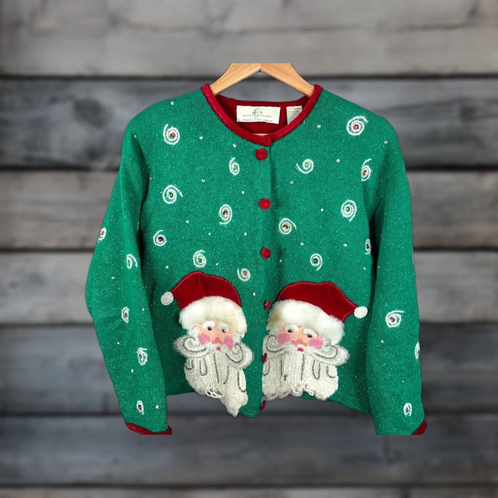 Vintage VINTAGE Design Options Cardigan Women's M Green Santa Sequin Geometric 90s Christmas Holiday Ugly Sweater with Shoulder Pads Crew Neck Knit Size M / US 6-8 / IT 42-44 - 1 Thumbnail