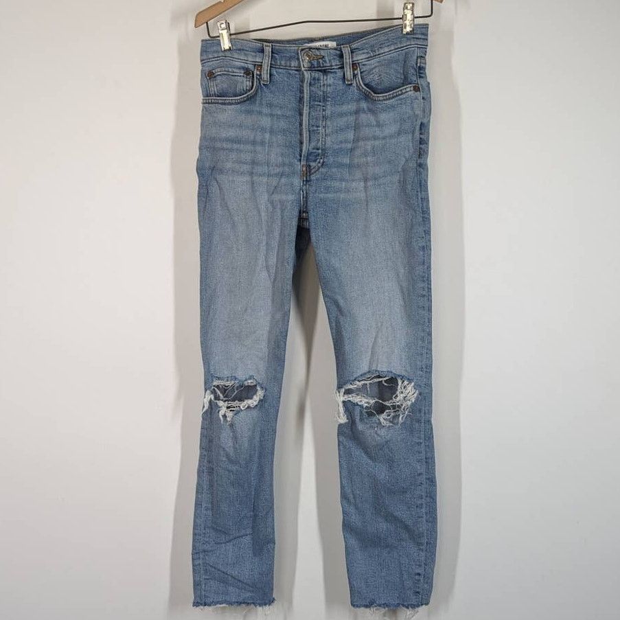 RE/DONE RE/DONE 90s High Rise Ankle Crop Distressed Button Fly Jeans Size 29" - 1 Thumbnail
