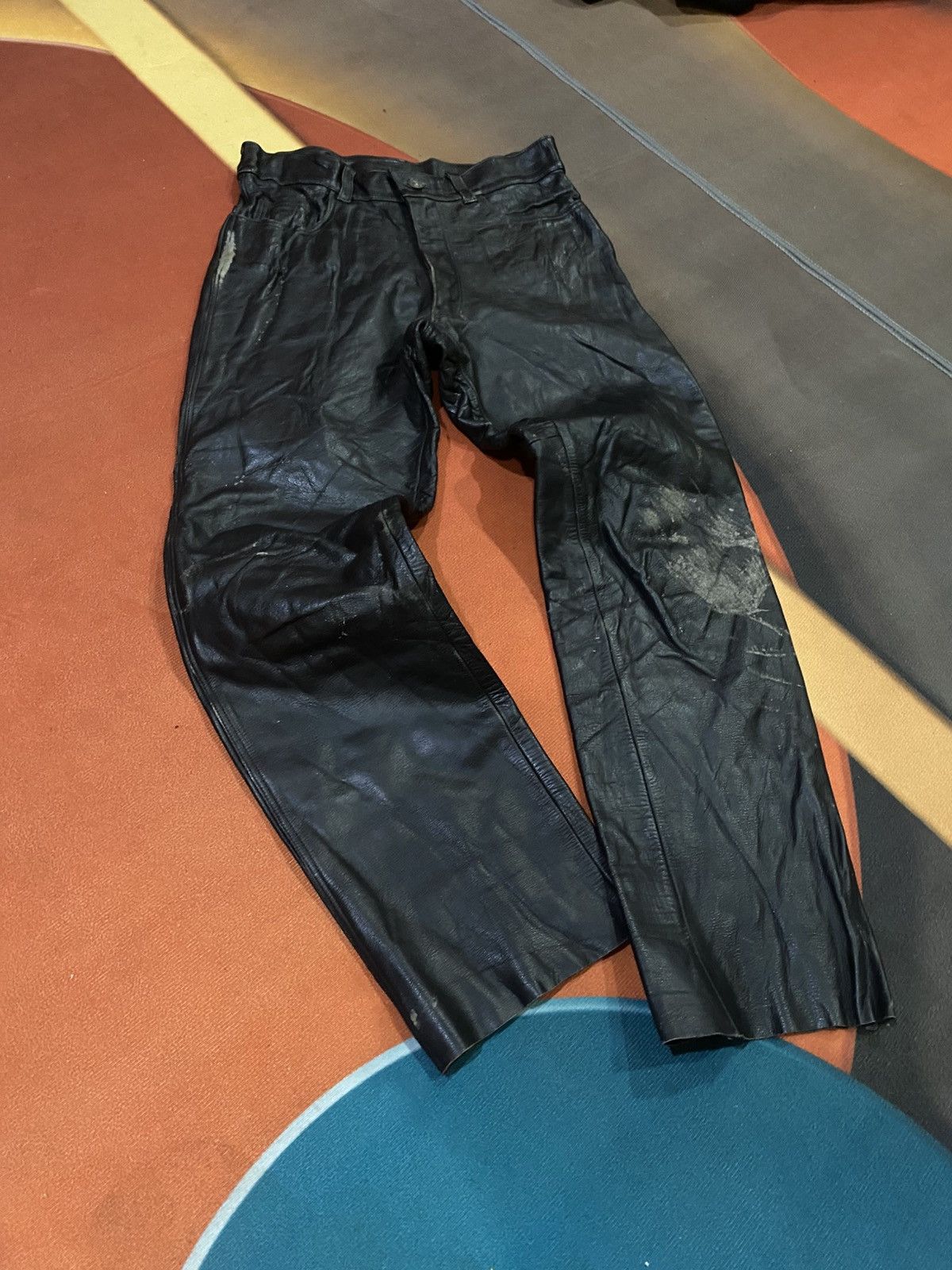 Genuine Leather Vintage NAVY RIDER Black Leather Biker Pant Genuine Leather Size US 29 - 15 Thumbnail