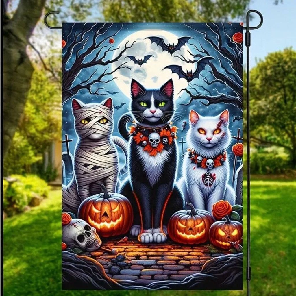 Other Halloween Double Sided Garden Flag 12x18 Inch Cats Pumpkins Size ONE SIZE - 6 Thumbnail