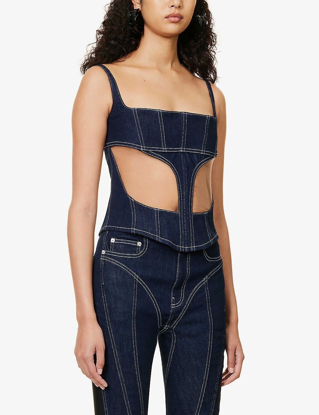 MUGLER Sheer Panel Contrast Denim 90s Style Corset top