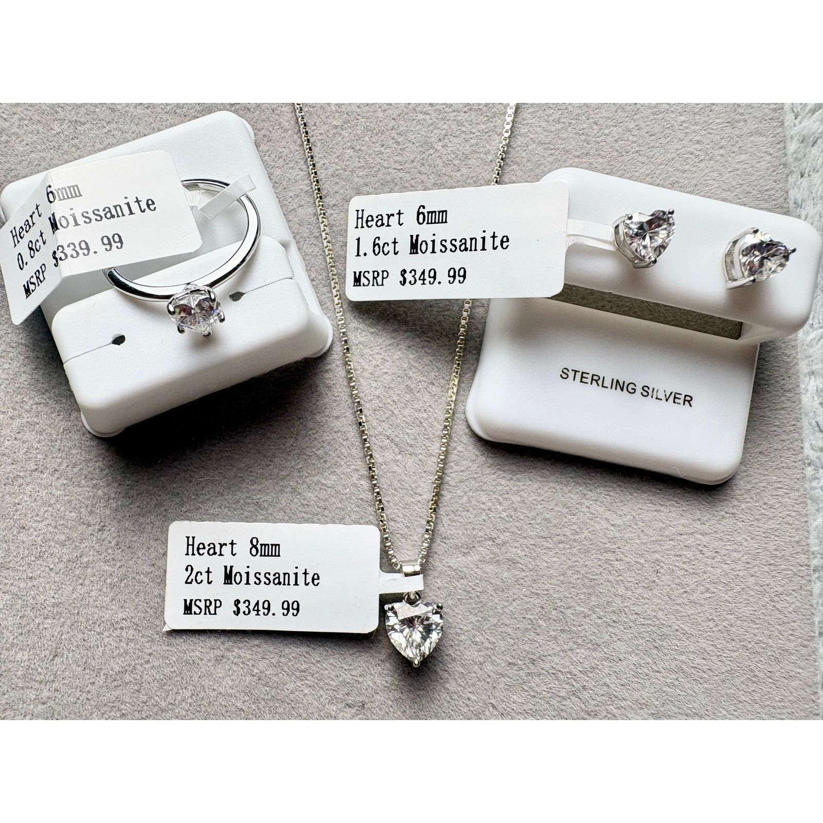 Jewelry Moissanite Heart 3PC Set: Ring, Necklace & Earrings - Silver Size ONE SIZE - 1 Thumbnail