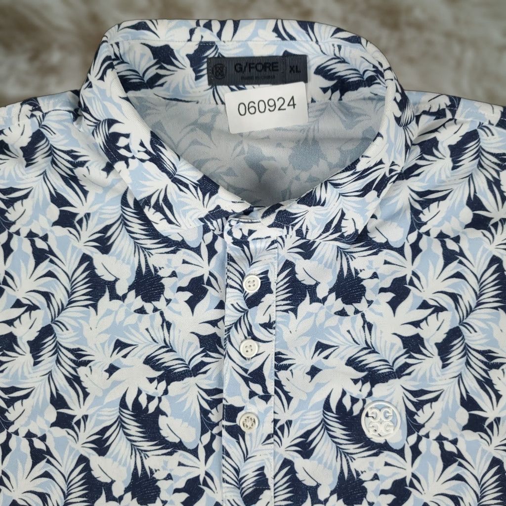 G/FORE Polo Shirt Mens XL Blue White Floral Short Sleeve Polo Shirt Mens XL Blue White Floral Golf Short Sleeve