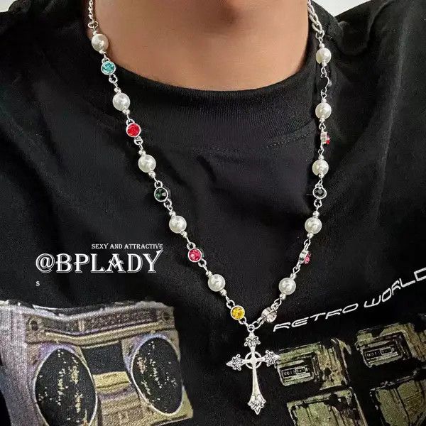 Jewelry Silver Cross Pendant Necklace with Colorful Beads Size ONE SIZE - 6 Thumbnail