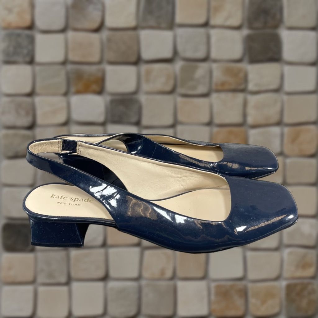 Vintage Kate Spade New York Sam Pump Heel Shoes Womens Size 10.5 M Navy Blue Leather Slingback Block