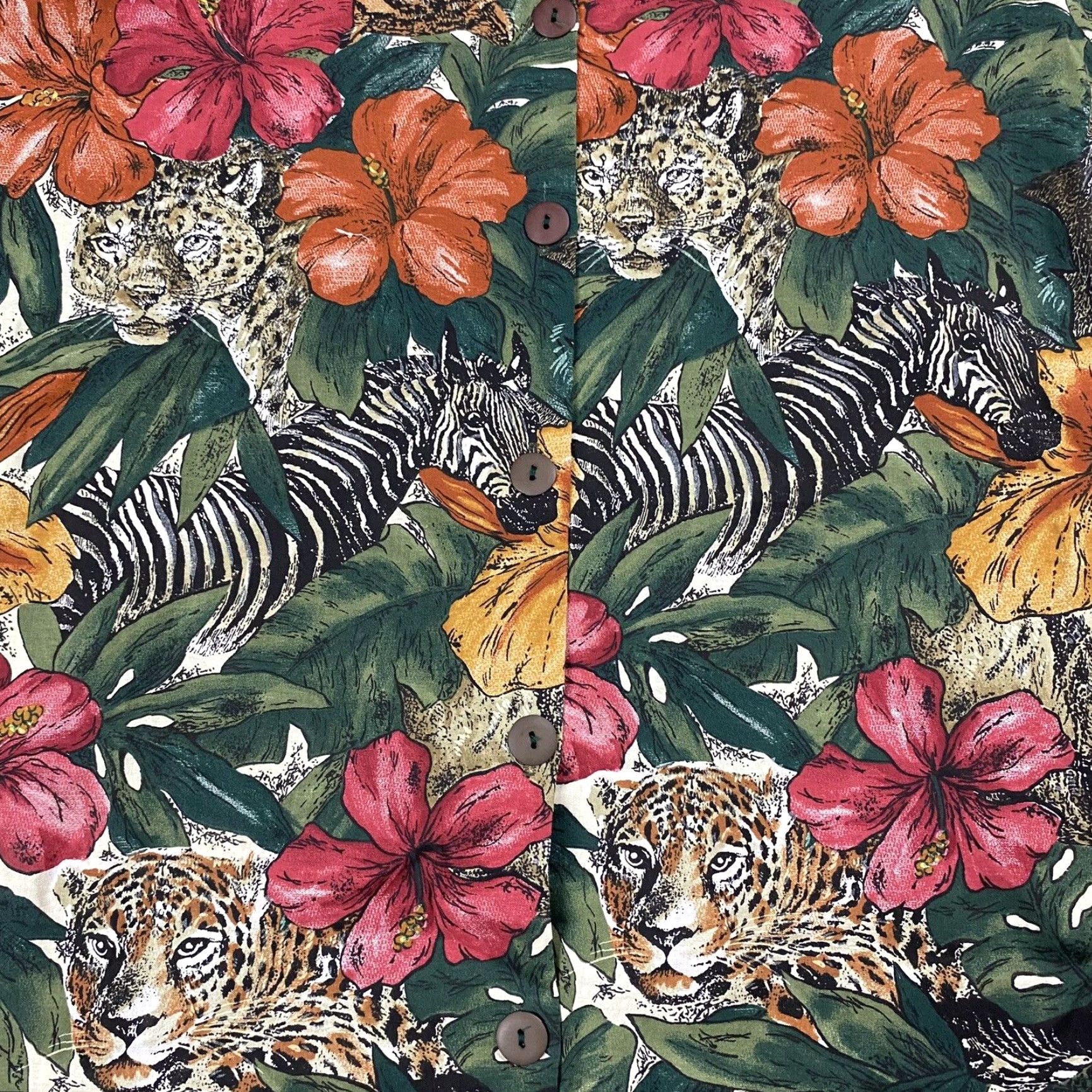 Vintage Vintage 1990s Hawaiian Print Green Floral Tiger Animal Blouse Shirt Womens Medium Retro Casual Size M / US 6-8 / IT 42-44 - 2 Thumbnail