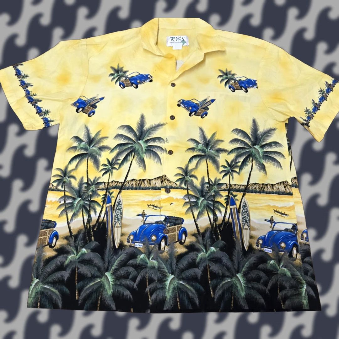 Vintage KY'S Shirt Mens Large Hawaiian Aloha Camp Made in Hawaii Palm Trees Surfboards Graphic Print Cotton Short Sleeve Button-Up Collared Camp Shirt Yellow Size US L / EU 52-54 / 3 - 1 Thumbnail