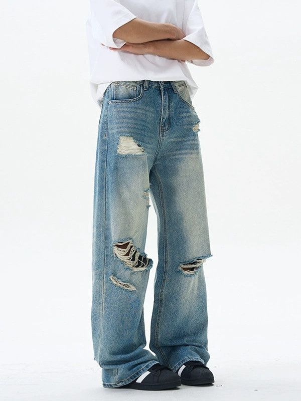 Japanese Brand × Jean Men's high street trend ripped distressed straight jeans Size US 32 / EU 48 - 3 Thumbnail