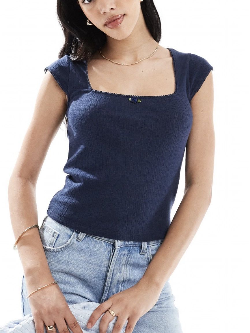 Hollister HOLLISTER Pointelle Square-Neck Top NAVY BLUE XXS Size XXS / US 00 / IT 34 - 1 Thumbnail