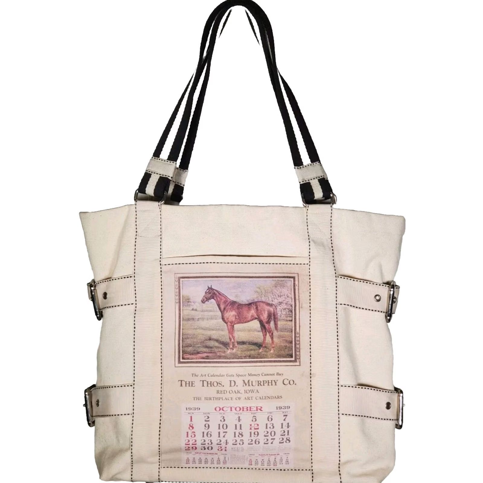 Vintage Rebecca Ray Canvas Tote Bag Equestrian Calendar October 1939 The Tho. D. Murphy Co. Womens Tote Medium Off-White Canvas Bag Size ONE SIZE - 2 Thumbnail