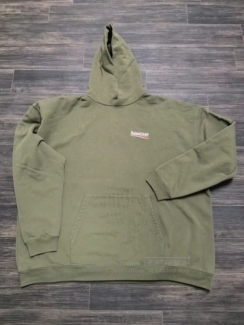 Balenciaga Army Green Embroidered Logo Distressed Hoodie