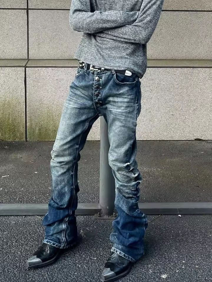 Jean Distressed Denim Flared Jeans with Button Detail | Unique Size US 34 / EU 50 - 6 Thumbnail