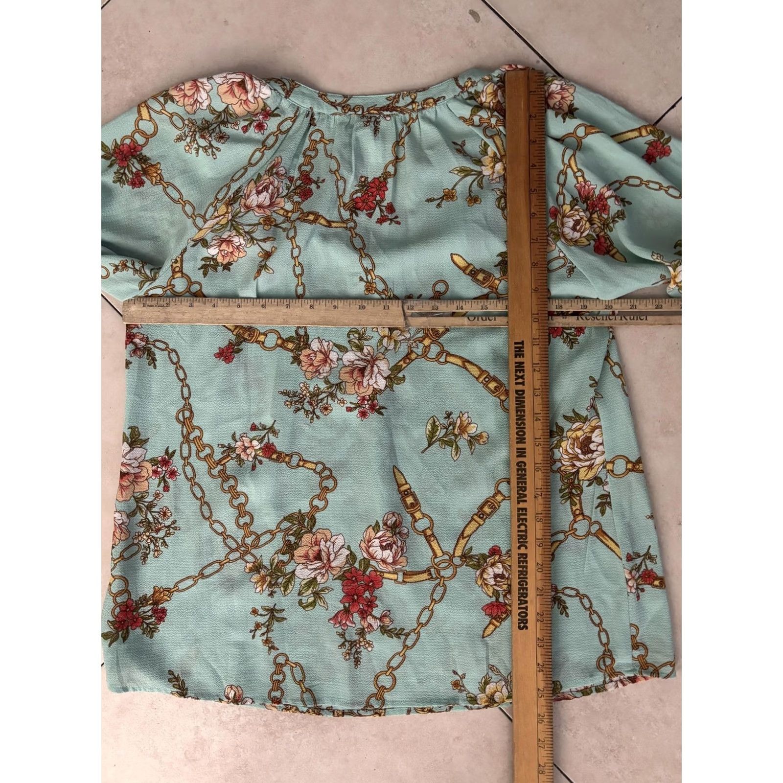 Vintage Fig and Flower Blouse Womens Medium Blue Floral Chain Print Button Up Boho Top Size M / US 6-8 / IT 42-44 - 6 Thumbnail