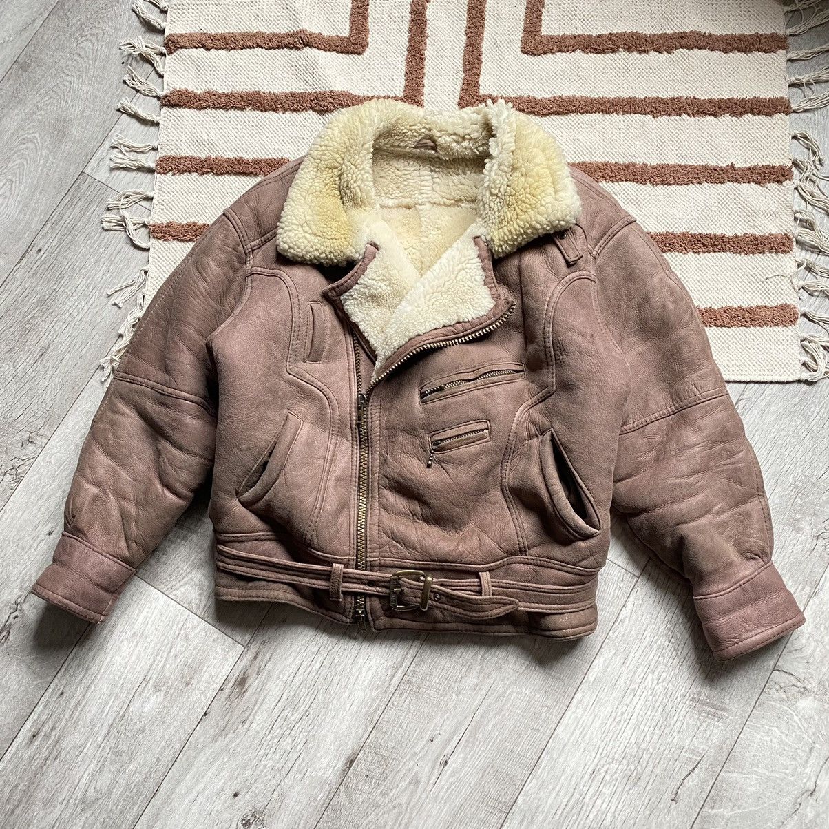 image of Island Republic 90's Heavy Leather Sherpa Aviator Jacket in Brown/Beige, Men's (Size Large)