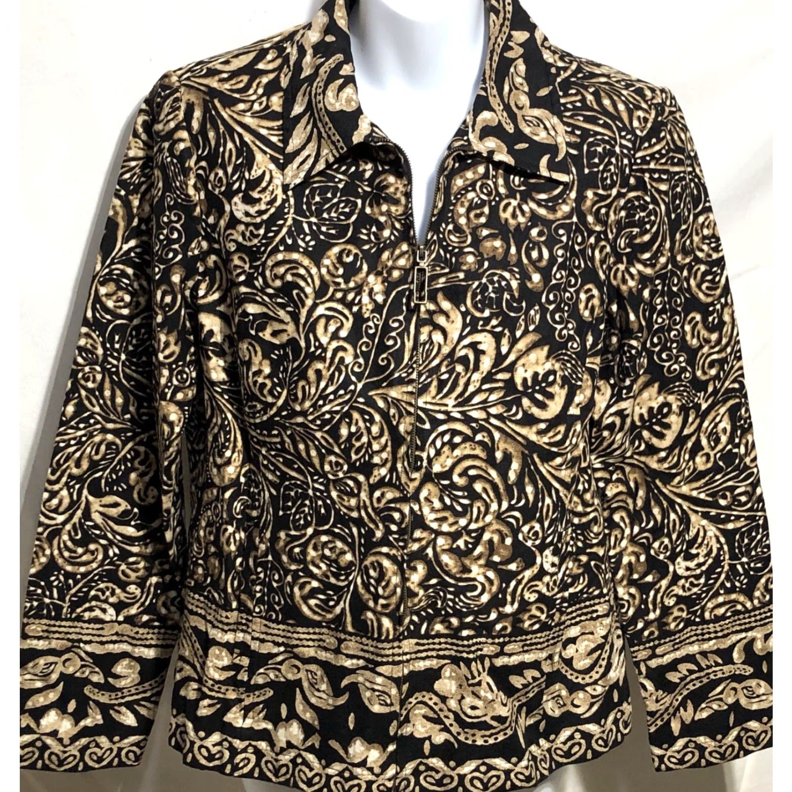 Vintage RQT Linen Jacket Size 10 Blk Gold Geo Zipper Front Long Sleeve Lined Collar Jacket Womens 10 Blk Geometric Geo Size L / US 10 / IT 46 - 2 Thumbnail