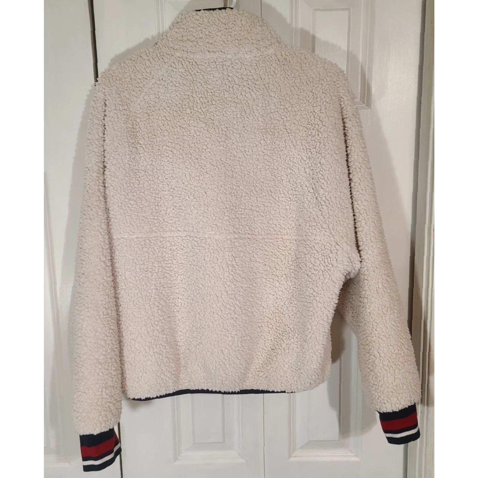 Tommy Hilfiger TOMMY HILFIGER Womens Jacket Be ige White Sherpa Fleece Sport L Kimono Collared Mid-Length Zip Snap Long Sleeve Fall Winter Sports Mens Womens Size L / US 10 / IT 46 - 5 Thumbnail