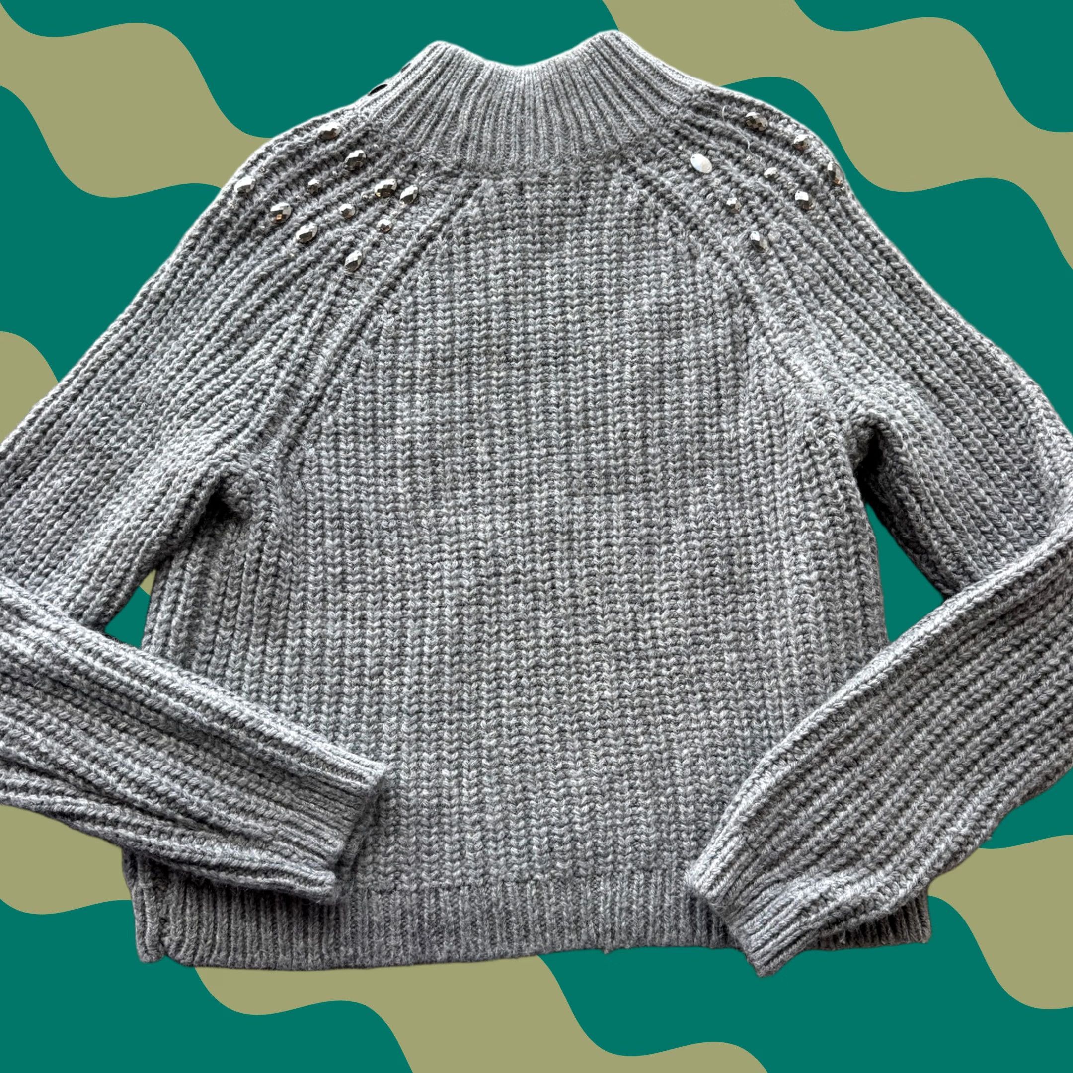 Vintage VINTAGE Y2k Embellished Grey Silver Mock Neck Longsleeve Knit Sweater Large Womens Gray—Pullover Size L / US 10 / IT 46 - 1 Thumbnail