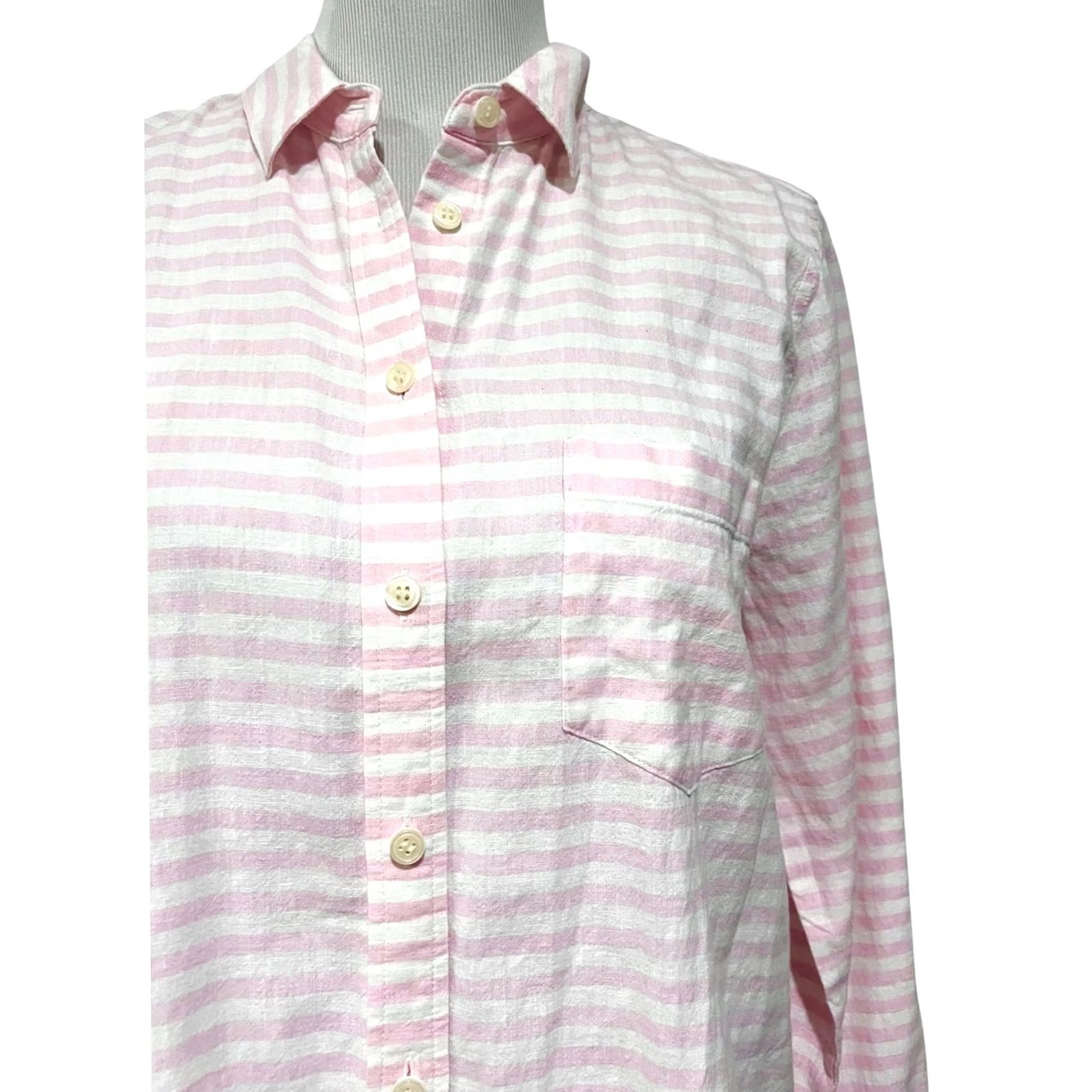 J.Crew J.Crew Women’s Linen Cotton Button-Up Pink White Stripe Long Sleeve Preppy Sz M Shirt Size M / US 6-8 / IT 42-44 - 4 Thumbnail
