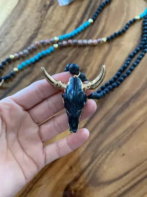 Anime Black Bull Head Bohemian Long Knotted Stone Bead Necklace Size ONE SIZE - 3 Thumbnail