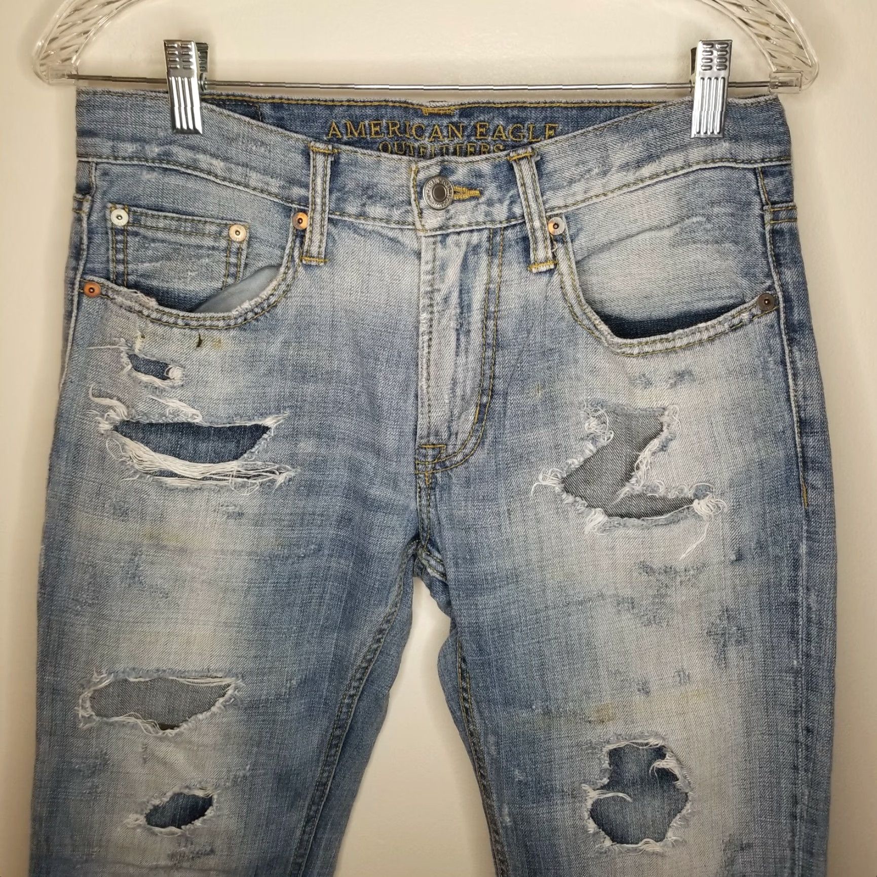 American Eagle Outfitters American Eagle Jeans Mens Slim Straight 29x30 Blue Distressed Ripped Regular Inseam 30 Size US 29 - 2 Thumbnail
