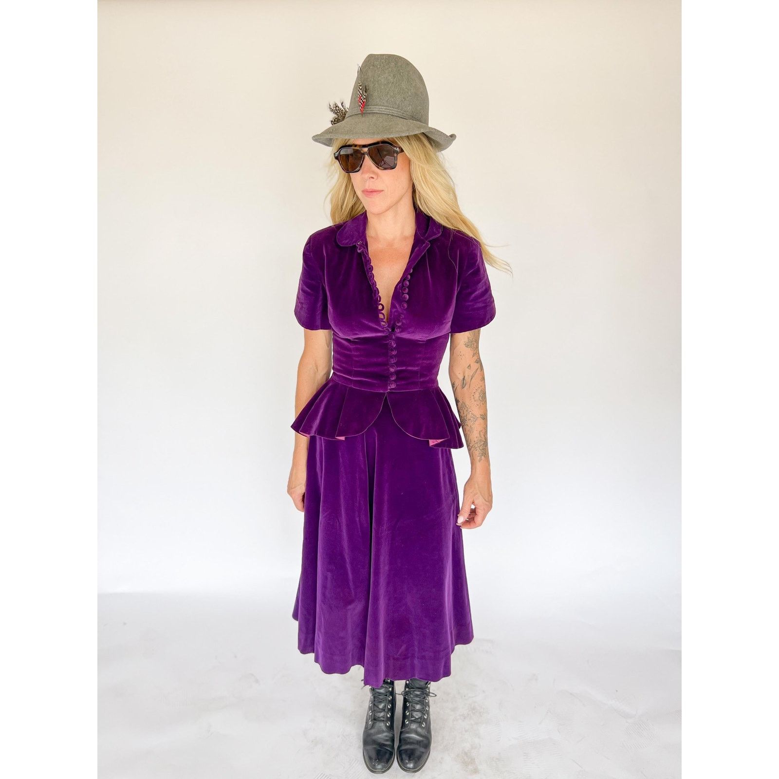 Vintage VTG 40s Steampunk Prple Velvet Peplum Top Skirt Hollywood XS Size XS / US 0-2 / IT 36-38 - 8 Thumbnail