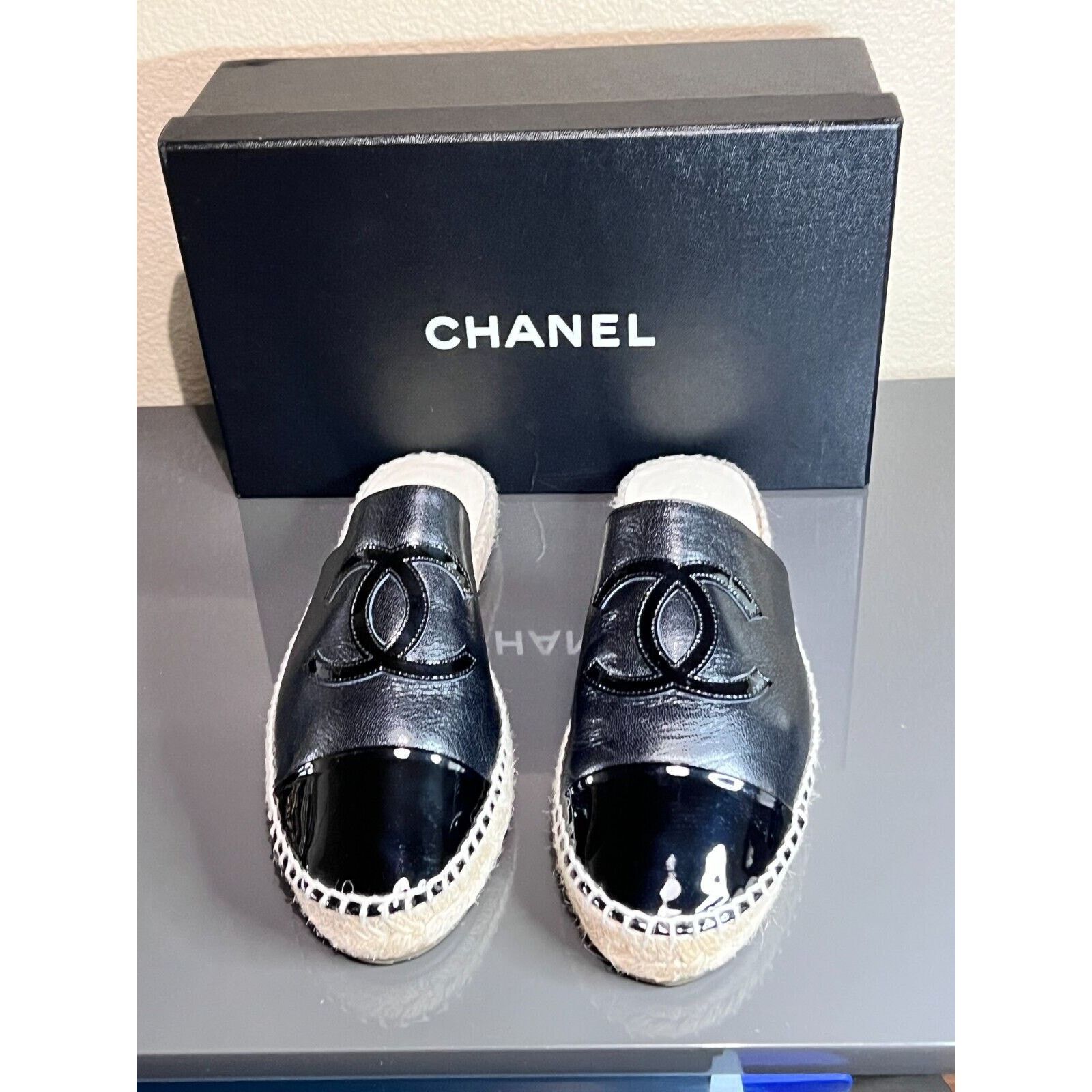 CHANEL Black Patent Backless Double Sole Espadrille Slide 41