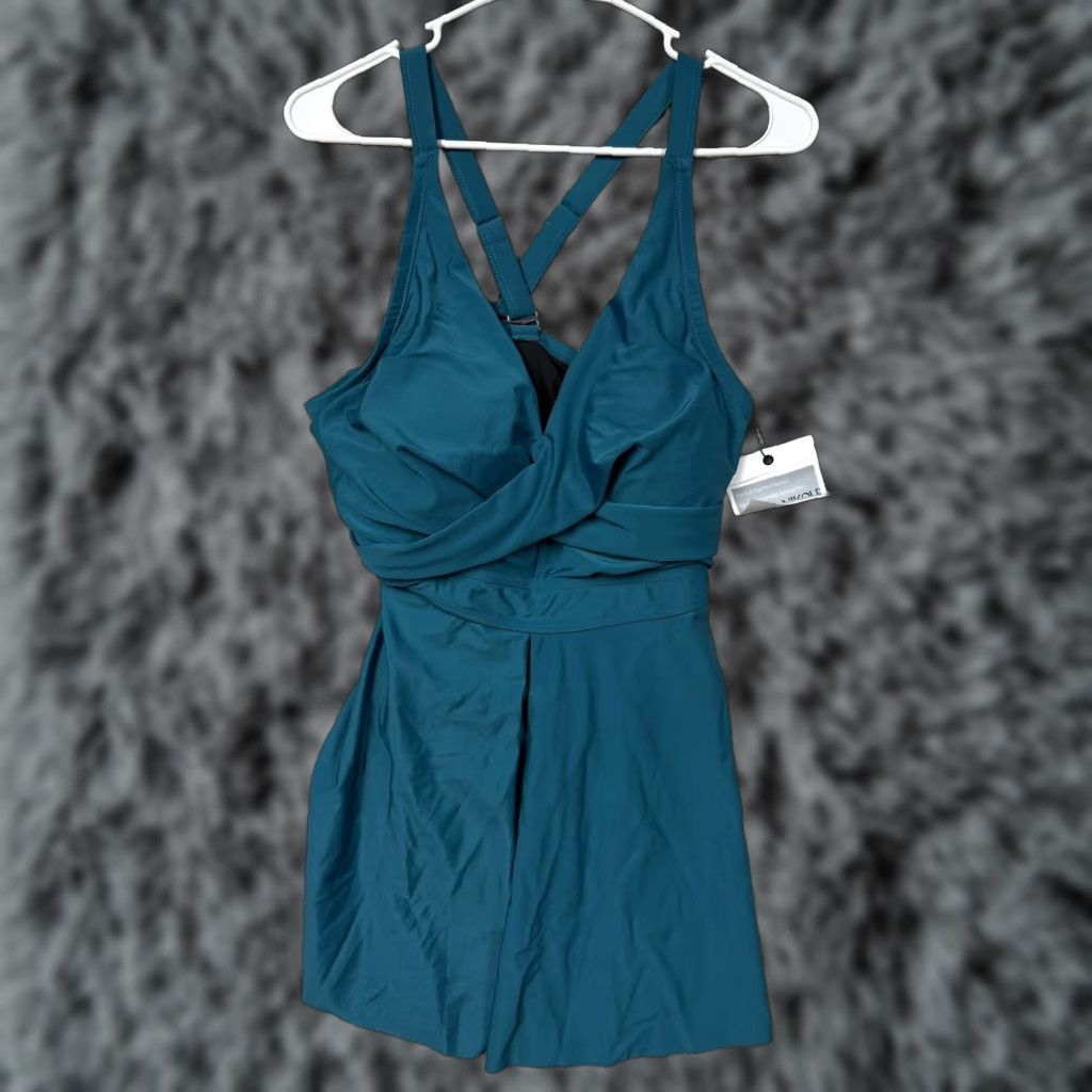 Vintage Hanna Nikole Swim Dress 20W Plus Blue Crossback Beach Padded Twist Front NWT Size 3XL / US 20-22 - 1 Thumbnail