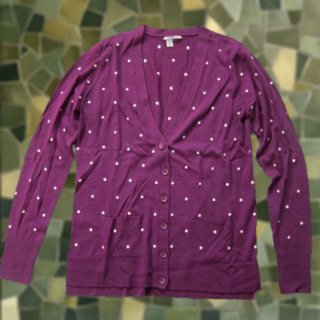 Vintage Halogen Cardigan Sweater Women Small V-Neck 100% Wool Purple White Polka Dot Knit Button Thin Long Sleeve Size S / US 4 / IT 40 - 1 Thumbnail