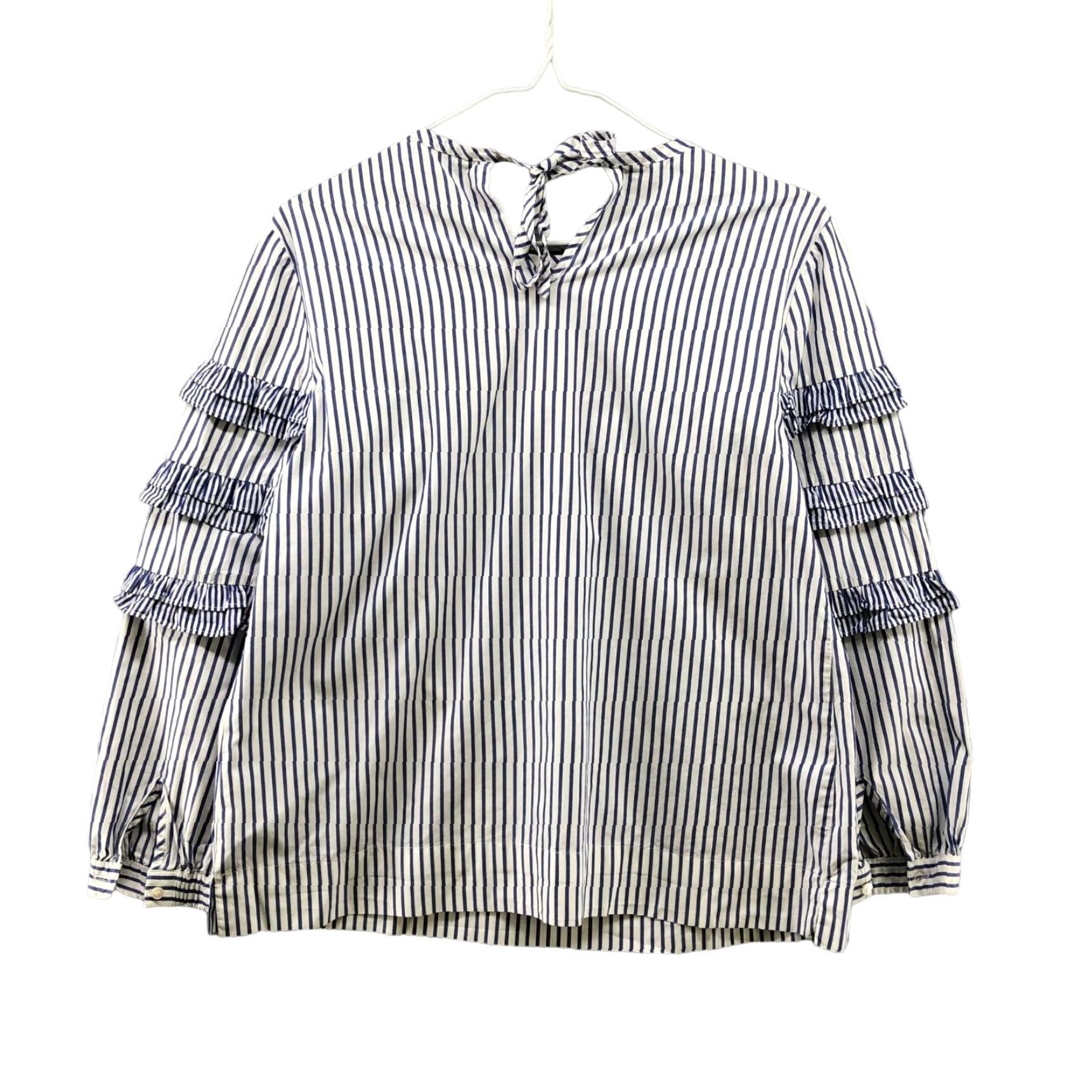 J.Crew J. Crew Long Sleeve Blouse Womens 0 XS Blue White Stripe Ruffle Cotton Crew Neck Tie Back Nautical Casual Blouse Womens Size XS / US 0-2 / IT 36-38 - 2 Thumbnail