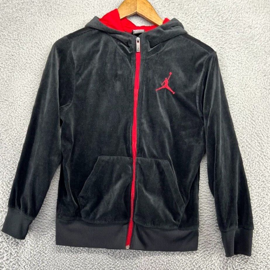 Jordan Brand Large Size Boys Jordan Suede Velour Full Zip Track Jacket Featuring Classic Jumpman Logo in Black and Red y2k Inspiration Grailed