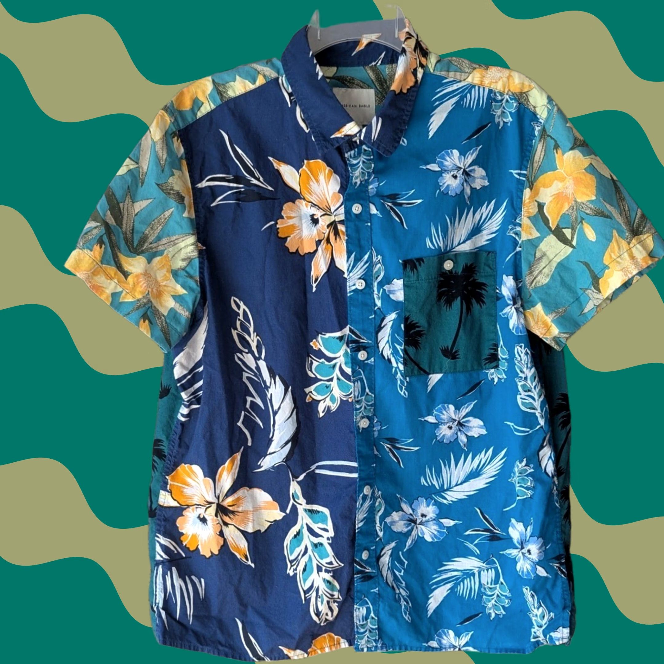 American Eagle Outfitters American Eagle Shirt Mens L Colorblock Tropical Floral Palm Tree Button Up Short Sleeve Size US L / EU 52-54 / 3 - 1 Thumbnail