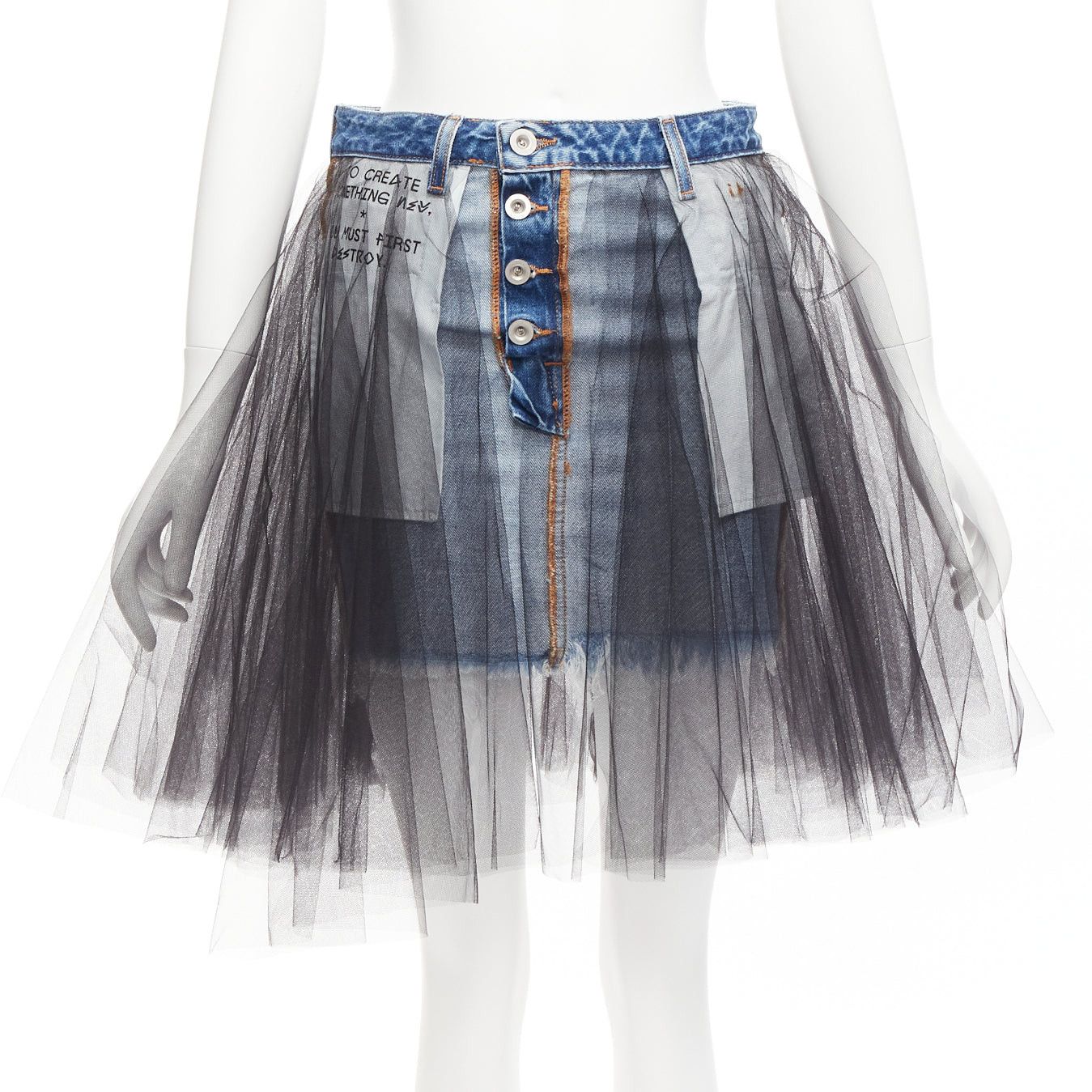 UNRAVEL PROJECT black ruffle tulle overlay blue inside out denim skirt 25