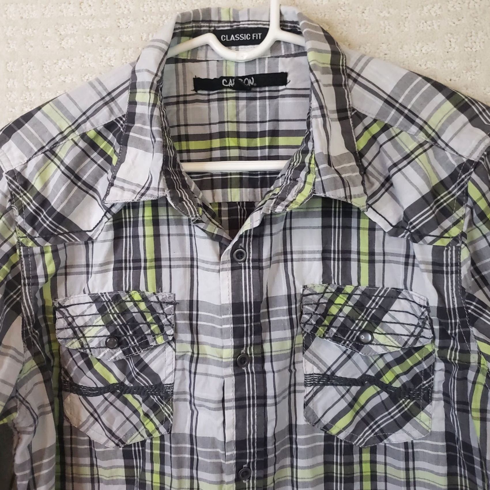 Carbon Carbon Men's M Button-Up Shirt Long Sleeve Plaid Grey Lime Multicolor Classic Fit Size US M / EU 48-50 / 2 - 3 Thumbnail