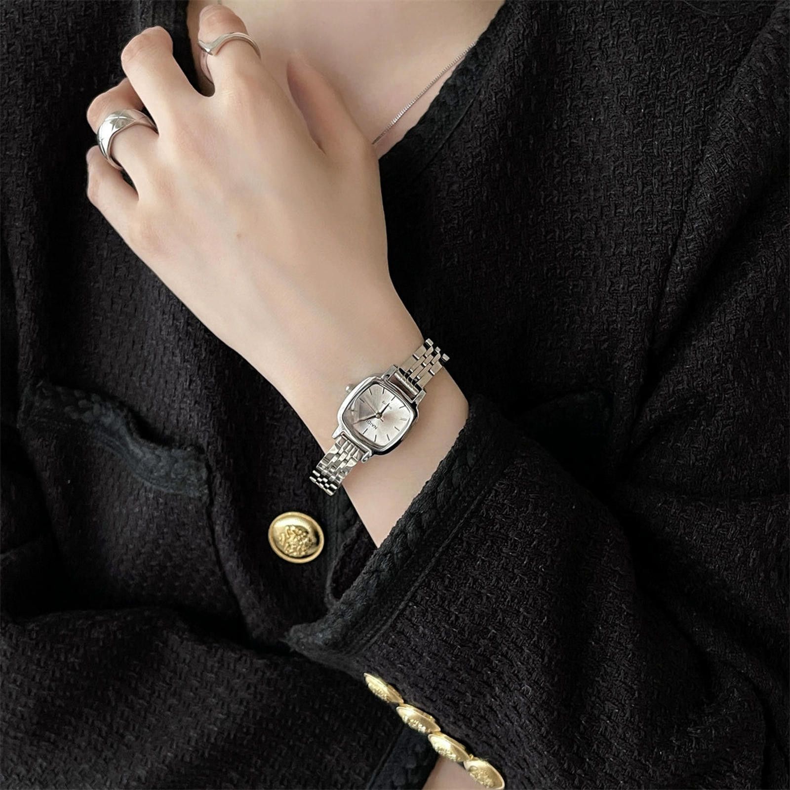Jewelry Silver Square Face Stainless Steel Wrist Watch Size ONE SIZE - 2 Thumbnail