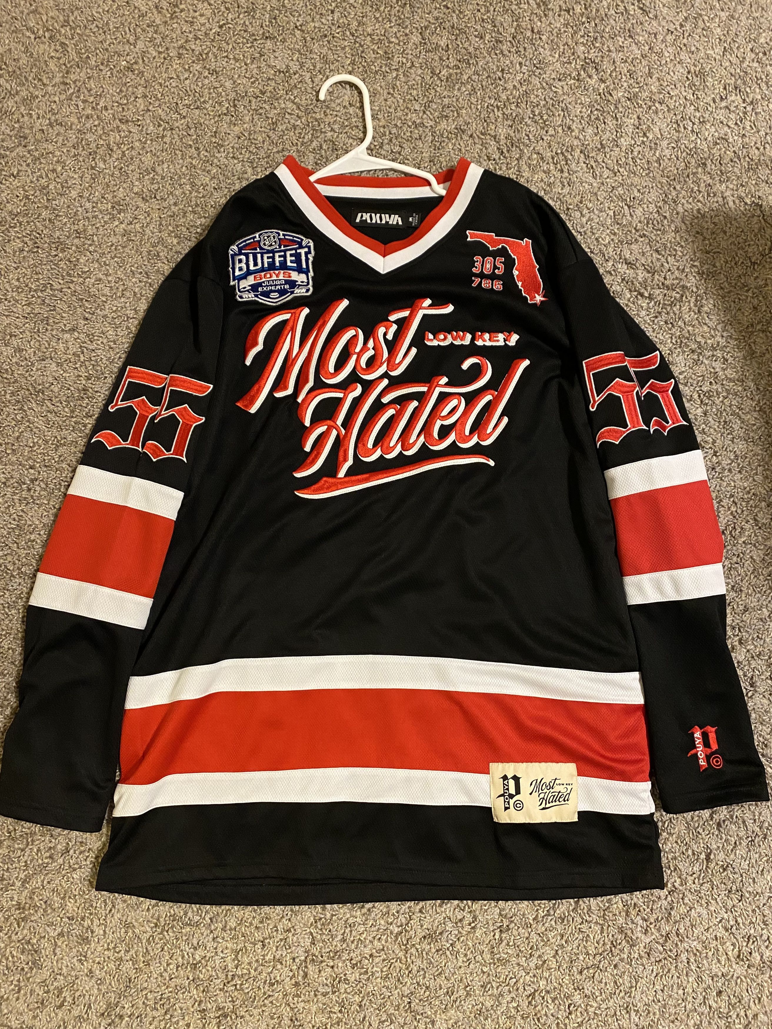 image of Pouya Uicideboy Merch Pouya Hockey Jersey in Black Red White, Men's (Size Medium)