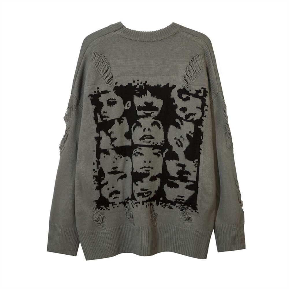 Vintage Men's face print round neck loose ripped sweater Size US M / EU 48-50 / 2 - 2 Thumbnail