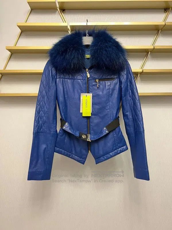 Versace Versace Blue Leather Women's Jacket with Fur Collar . Size XS / US 0-2 / IT 36-38 - 1 Thumbnail