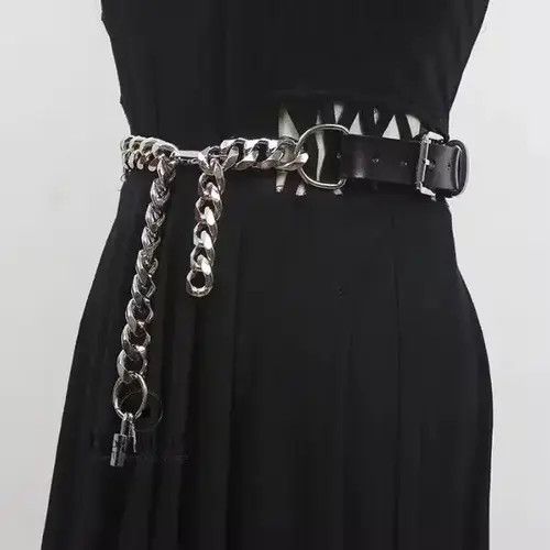 Other PU Leather Black Thick Metal Chain Long Wide Belt Size ONE SIZE - 2 Thumbnail