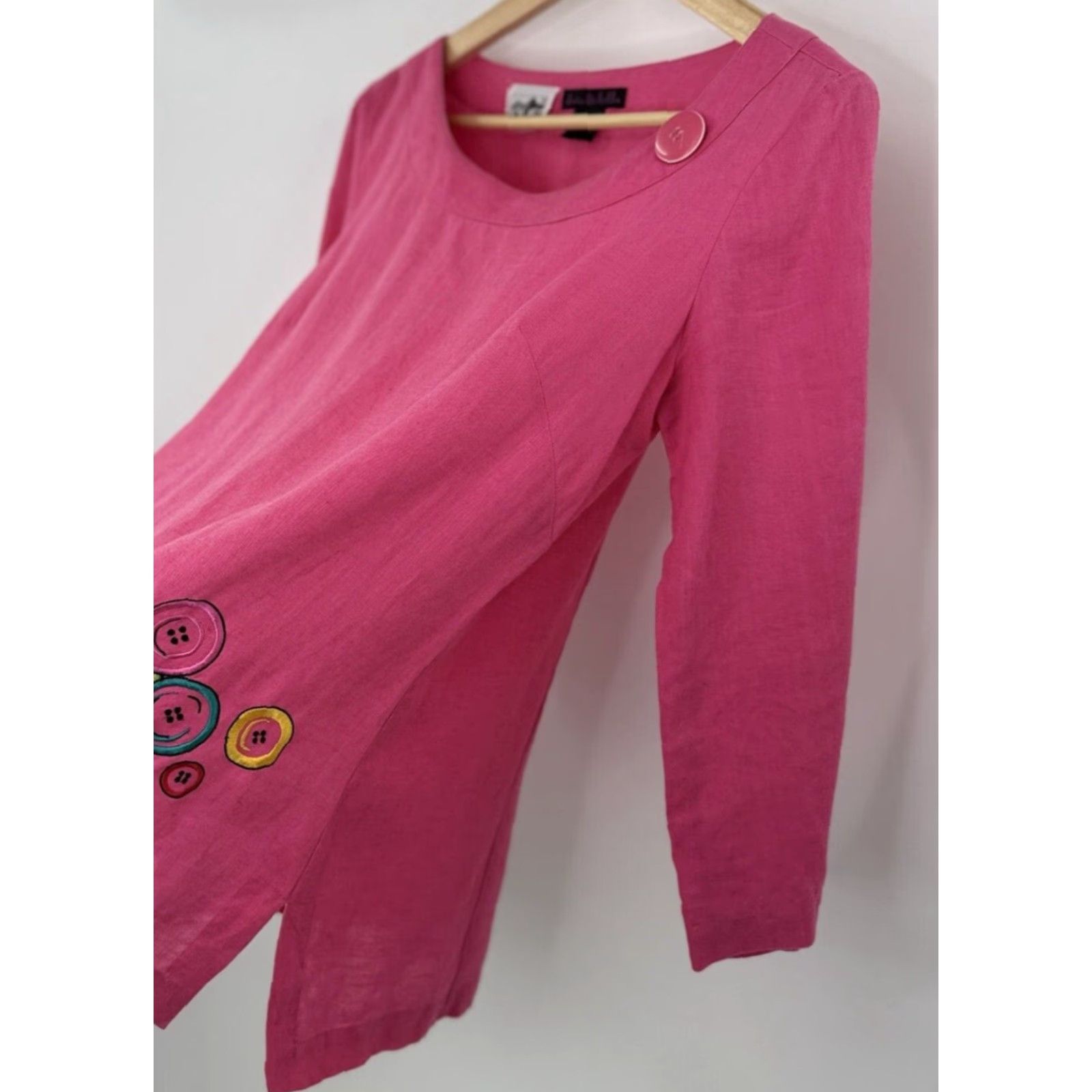 Vintage VINTAGE? No — Sara Isabella Pink Blouse Tunic 100% Irish Linen Embroidered Buttons Scoop Neck Long Sleeve Women's 10 Bohemian Modern Size L / US 10 / IT 46 - 4 Thumbnail