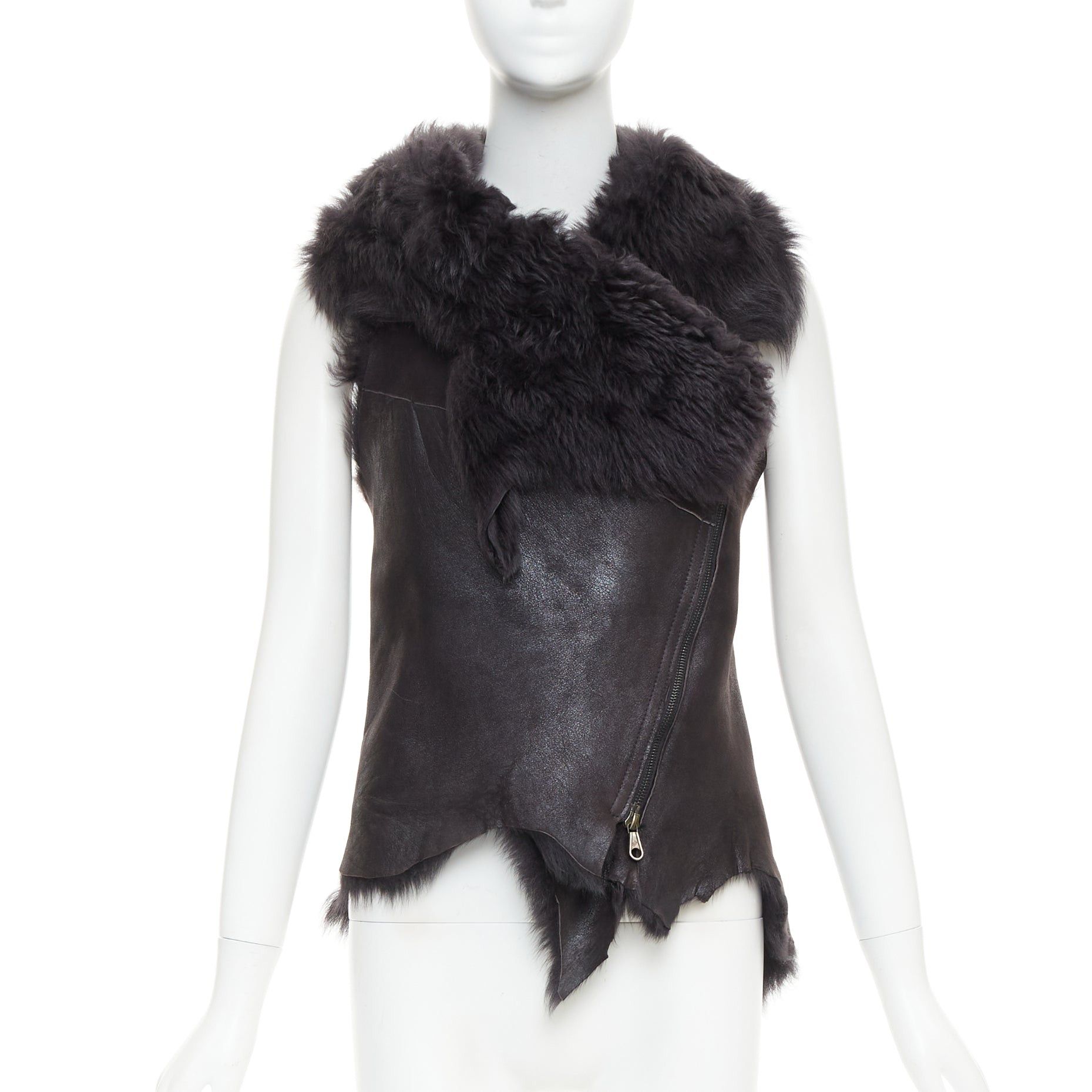 Karl Donoghue KARL DONOGHUE black lambskin leather fur lined asymmetric jagged hem vest XS Size S / US 4 / IT 40 - 1 Thumbnail