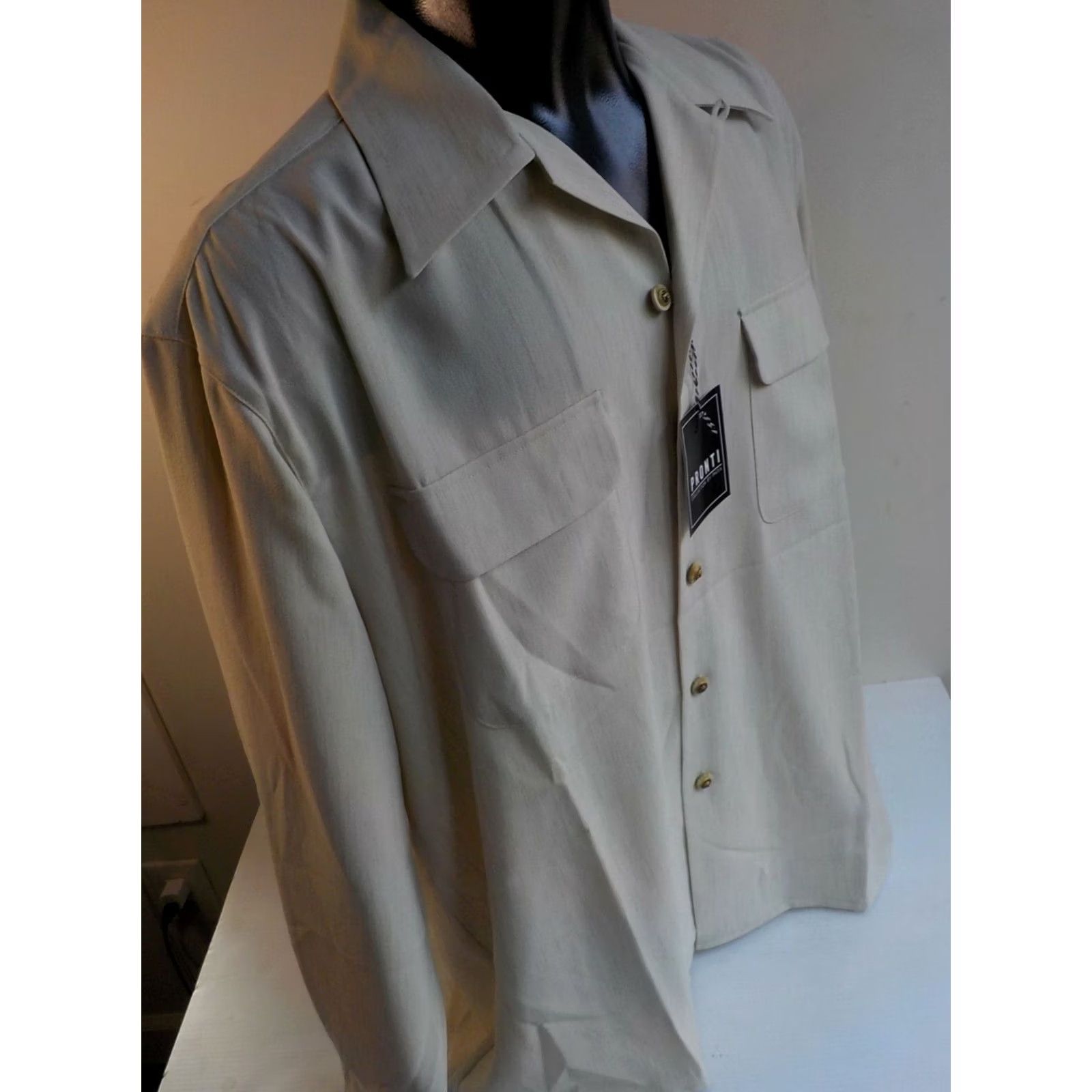 Vintage PRONTI Shirt Men XL Beige 2 Chest Pockets Point Collar Button-Front Micro Polyester NWT Size US XL / EU 56 / 4 - 3 Thumbnail