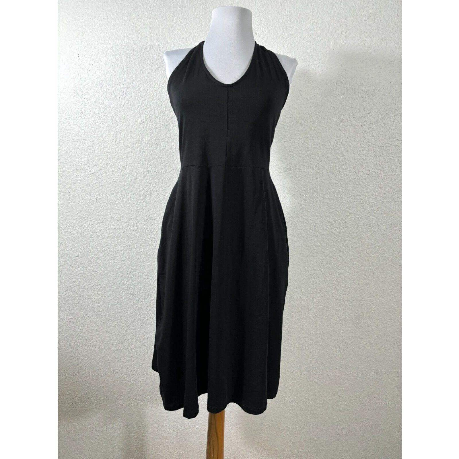 image of Vintage Pact Dress NWT Large Organic Cotton Sleeveless Halter Black Stretch Pockets in White, Women