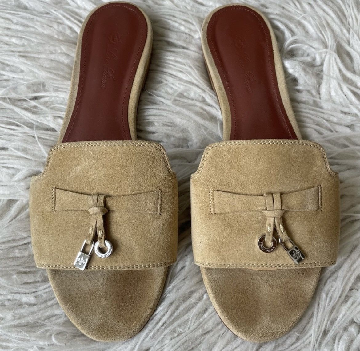 Loro Piana Natural Tan Open Toe Flat Suede Charm Slide Mules