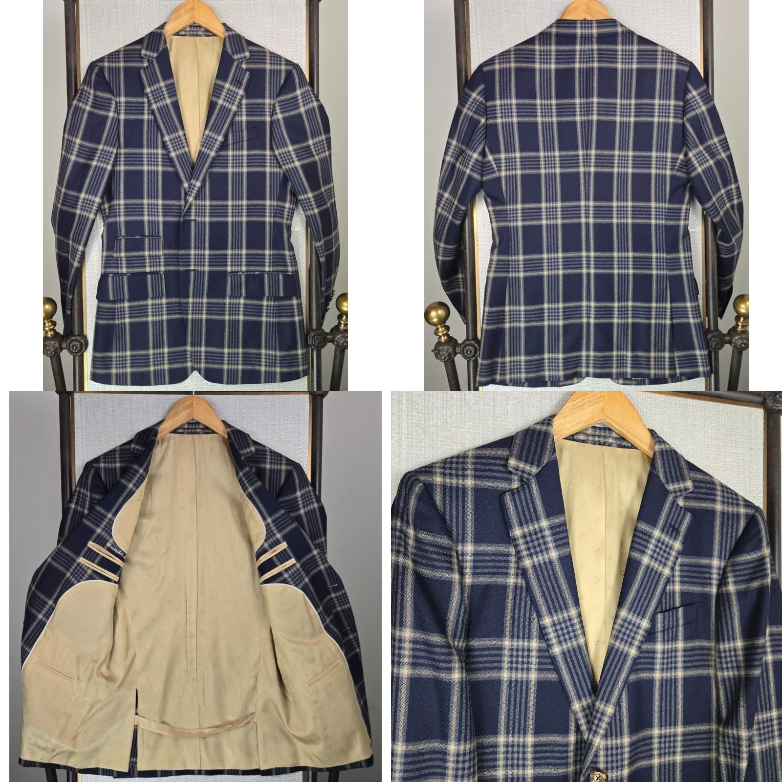 Vintage Custom Bespoke Mens Size 38 Blue Windowpane Plaid Soft Wool Jacket Blazer - 100% 4 Button Front, Double Vented, Notch Lapel Size 38R - 8 Thumbnail