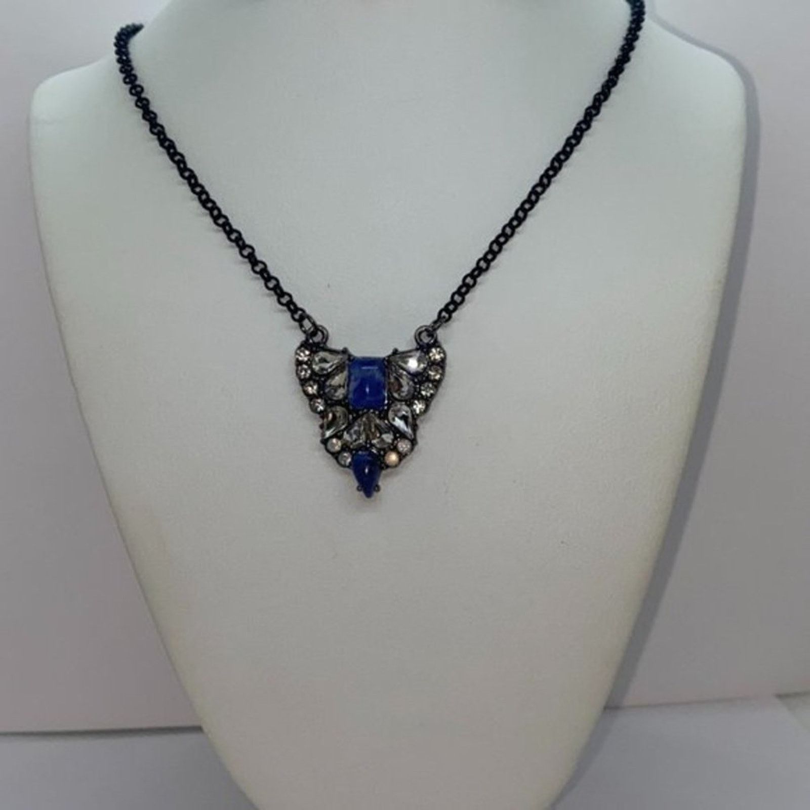 Handmade Black-Tone Blue Clear Rhinestone Necklace Size ONE SIZE - 1 Thumbnail
