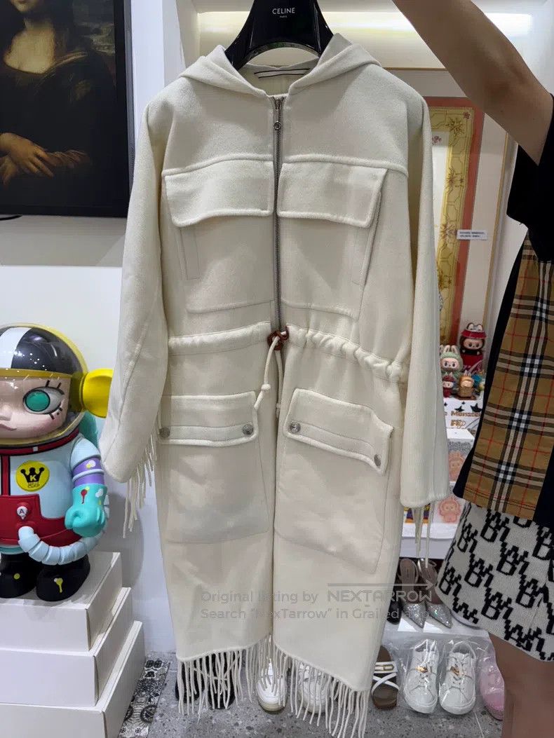 Hermes White Cashmere Fringe Coat with Hood and Waist Cinc