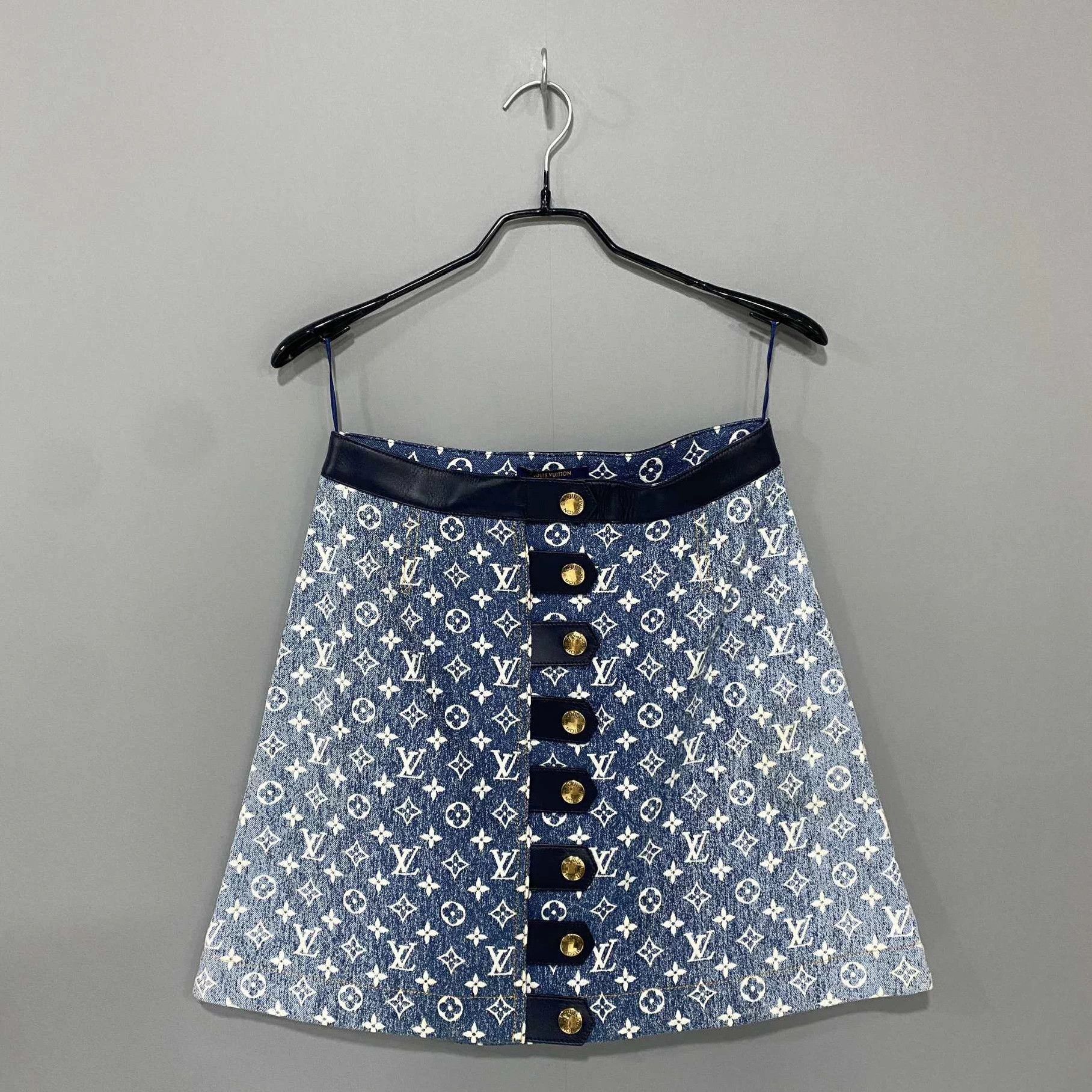 Louis Vuitton Monogram print all-over gold button washed denim skirt LV Size 26" / US 2 / IT 38 - 1 Thumbnail